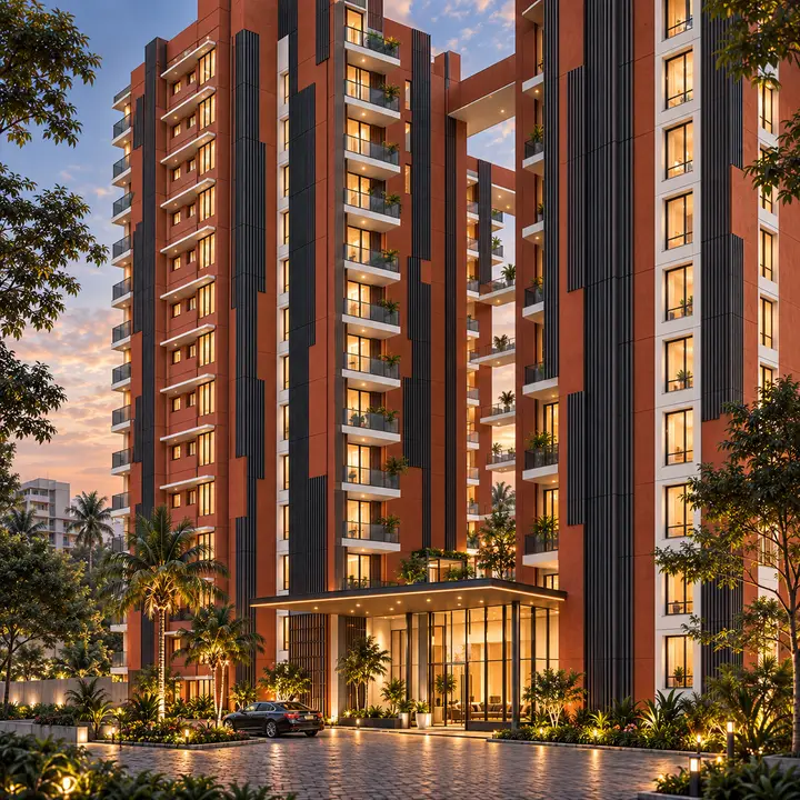 Splendid Evora glazed entrance pavilion and drop-off at the foot of the towers, artist's impression