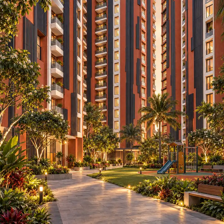Splendid Evora landscaped walk with a children's play area between the towers, artist's impression