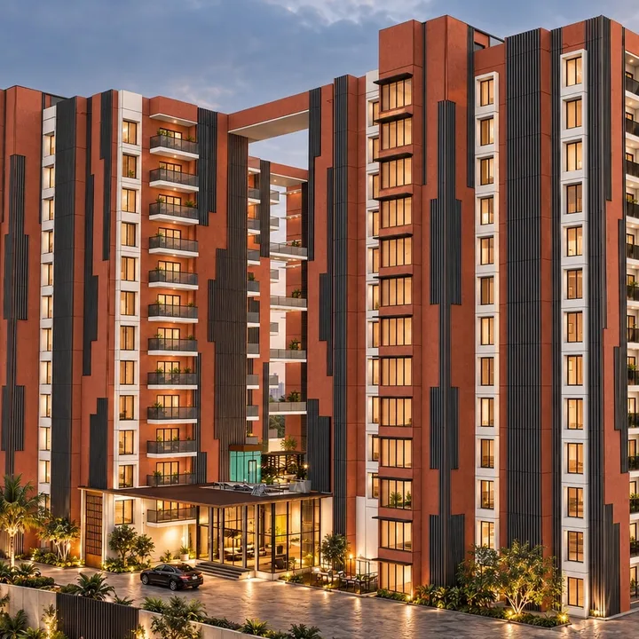 Splendid Evora towers with terracotta facades and glass balconies at dusk, artist's impression