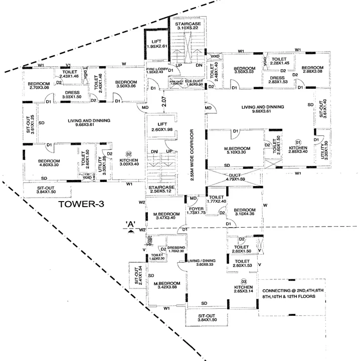 Splendid Evora Tower C typical floor plan with three 3 BHK homes